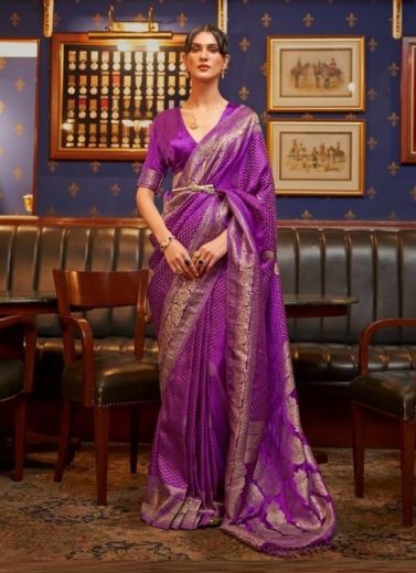 Purple Satin Weaving Silk Festive-wear Handloom Saree