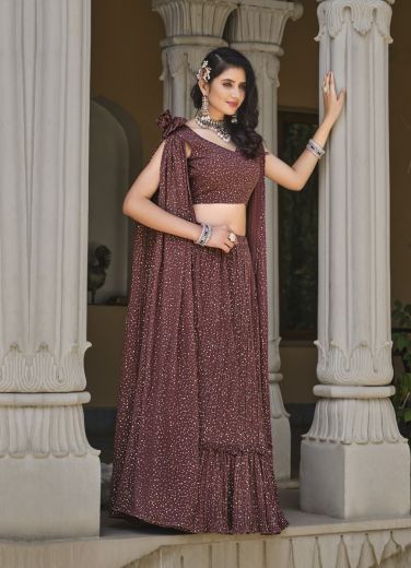 Light Maroon Georgette Foil-Work Party-Wear Stylish Lehenga Choli With Attached Dupatta