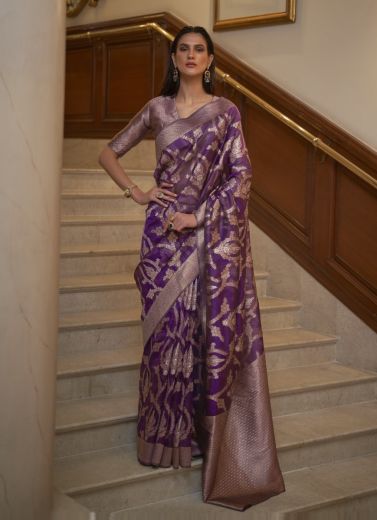 Violet Banarasi Silk Weaving Party-Wear Saree