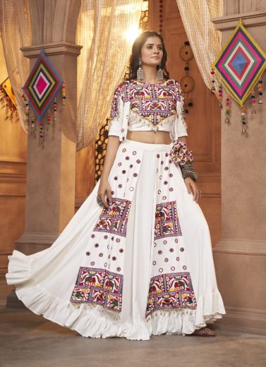White Viscose Rayon Embroidery, Mirror & Thread-Work Navratri Special Readymade Lehenga Choli With Koti