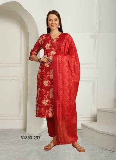 Red Cotton Printed Festive-Wear Pant-Bottom Readymade Salwar Kameez