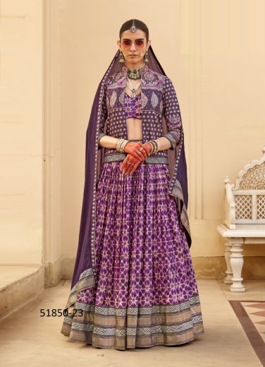 Dark Purple Silk Digitally Printed Wedding-Wear Bridal Readymade Lehenga choli