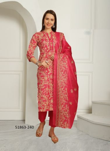 Hot Pink Cotton Printed Festive-Wear Pant-Bottom Readymade Salwar Kameez