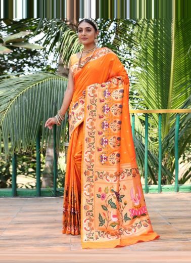 Orange Paithani Silk Weaving Saree For Traditional / Religious Occasions