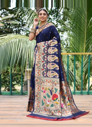 Navy Blue Paithani Silk Weaving Saree For Traditional / Religious Occasions