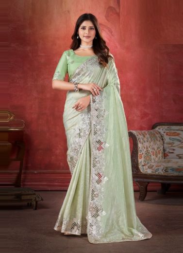 Light Green Silk Crush Embroidered Party-Wear Saree