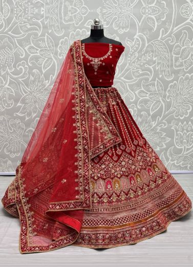 Maroon Velvet With Thread, Embroidery, Diamond & Hand-Work Wedding-Wear Bridal Lehenga Choli