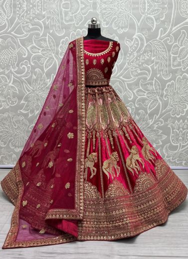 Dark Pink Velvet Thread, Sequins, Embroidery, Diamond & Handwork Wedding-Wear Bridal Lehenga Choli