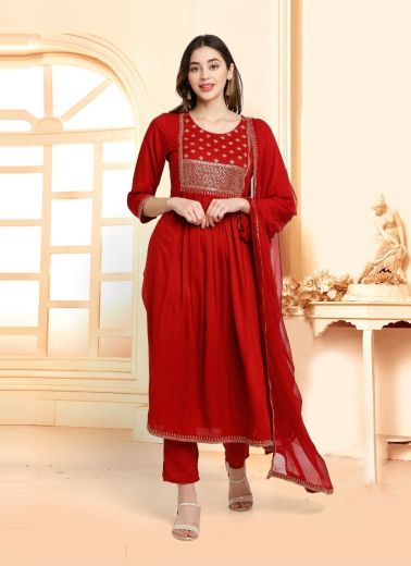 Red Rayon Slub Printed Summer-Wear Pant-Bottom Readymade Salwar kameez