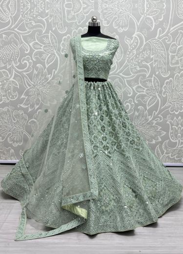 Light Mint Green Net With Thread, Mirror, Diamond & Stone-Work Wedding-Wear Bridal Lehenga Choli