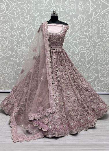 Lilac Net Embroidery, Mirror, Diamond & Handwork Wedding-Wear Bridal Lehenga Choli