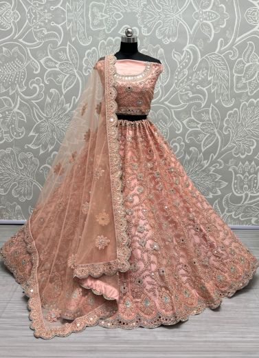 Light Coral Net Embroidery, Mirror, Diamond & Handwork Wedding-Wear Bridal Lehenga Choli