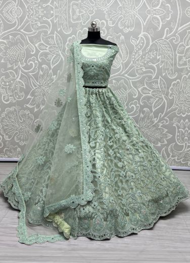 Mint Green Net Embroidery, Mirror, Diamond & Handwork Wedding-Wear Bridal Lehenga Choli