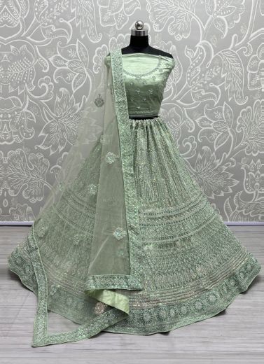 Light Sage Green Net Sequins, Embroidery & Stone-Work Wedding-Wear Bridal Lehenga Choli