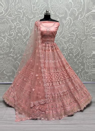 Pink Net Thread, Embroidery, Sequins & Stone-Work Wedding-Wear Bridal Lehenga Choli