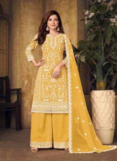 Yellow Net With Embroidery & Thread-Work Festive-Wear Palazzo-Bottom Salwar Kameez