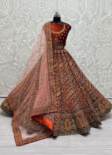 Burnt Orange Velvet With Multiwork Wedding-Wear Bridal Lehenga Choli With Double Blouse