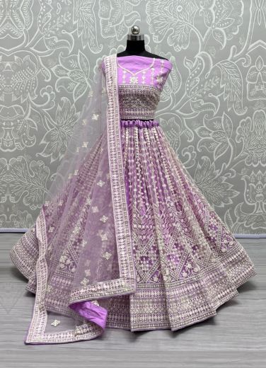 Lavender Net Embroidery, Sequins & Handwork Wedding-Wear Bridal Lehenga Choli