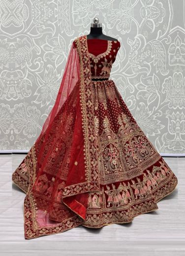 Maroon Velvet With Thread, Embroidery & Handwork Wedding-Wear Bridal Lehenga Choli