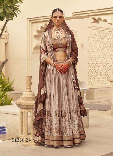 Light Brown Silk Digitally Printed Wedding-Wear Bridal Readymade Lehenga choli