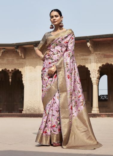 Lilac Handloom Silk Floral Digitally Printed Festive-Wear Saree