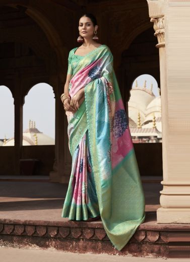 Multicolor Handloom Silk Floral Digitally Printed Festive-Wear Saree