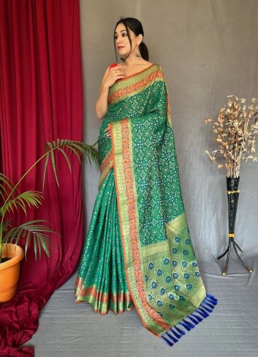 Sea Green Patola Silk Bandhani Print Festive-Wear Handloom Saree