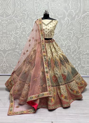 Light Cream Silk Sequins, Thread, Embroidery & Stone-Work Wedding-Wear Bridal Lehenga Choli