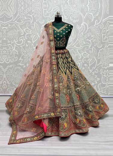 Teal Green Silk Sequins, Thread, Embroidery & Stone-Work Wedding-Wear Bridal Lehenga Choli