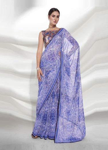 Blue Georgette Digitally Printed Party-Wear Boutique-Style Saree