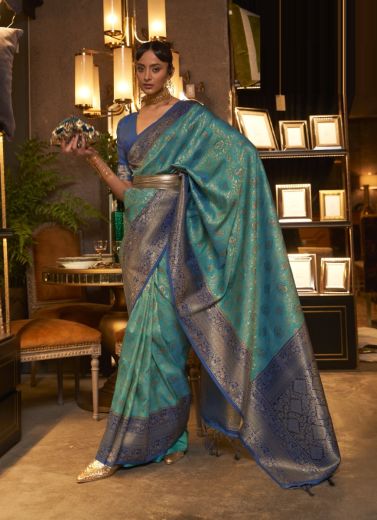 Teal Green Silk With Handloom Weaving Festive-Wear Saree