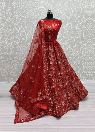 Red Net Thread, Embroidery, Sequins & Stone-Work Wedding-Wear Bridal Lehenga Choli
