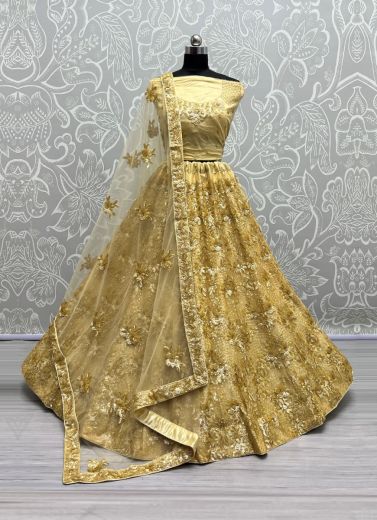 Yellow Net Thread, Embroidery, Sequins & Stone-Work Wedding-Wear Bridal Lehenga Choli