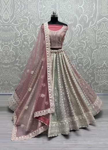 Multicolor Net Thread, Embroidery, Mirror & Stone-Work Wedding-Wear Bridal Lehenga Choli