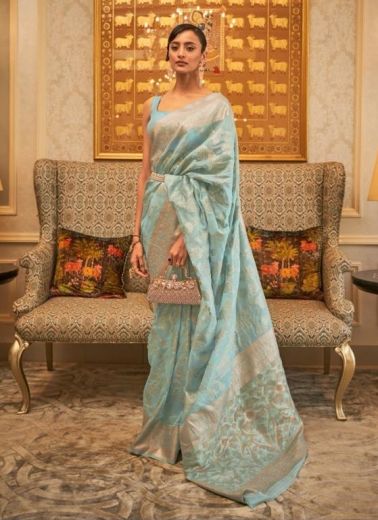 Light Blue Silk Handloom Weaving Festive-Wear Sequins-Work Saree