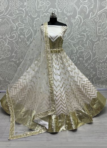 White Net Embroidery & Sequins-Work Festive-Wear Lehenga Choli