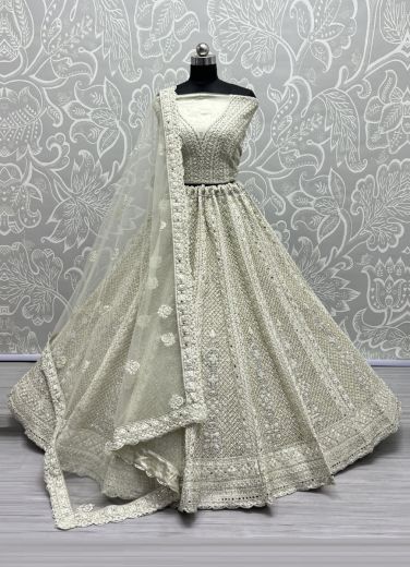 Bone White Net Thread-Work Wedding-Wear Lehenga Choli