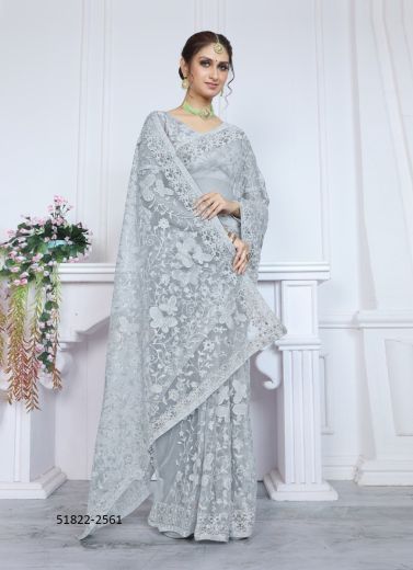 Light Gray Net Embroidered Boutique-Style Saree For Traditional / Religious Occasions