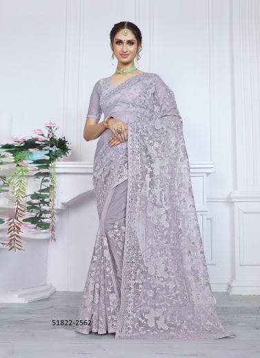 Light Lilac Net Embroidered Boutique-Style Saree For Traditional / Religious Occasions