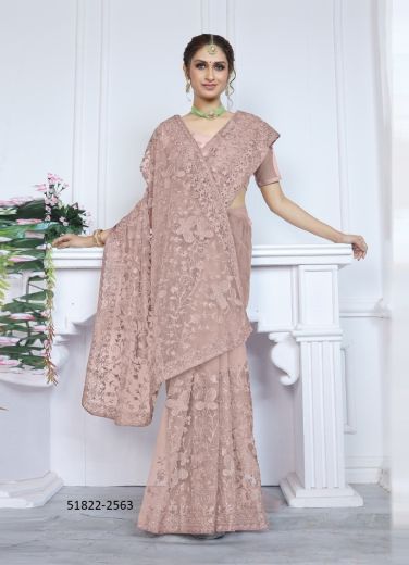 Light Mauve Net Embroidered Boutique-Style Saree For Traditional / Religious Occasions