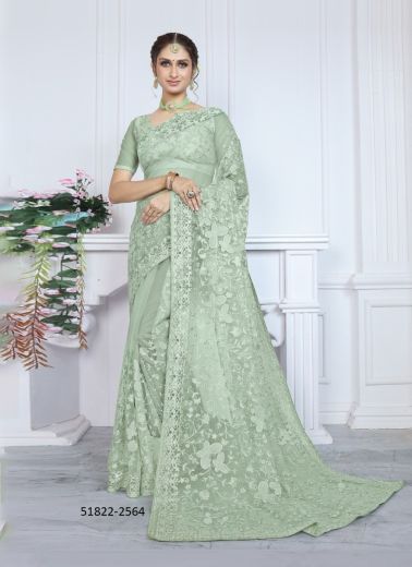 Light Green Net Embroidered Boutique-Style Saree For Traditional / Religious Occasions