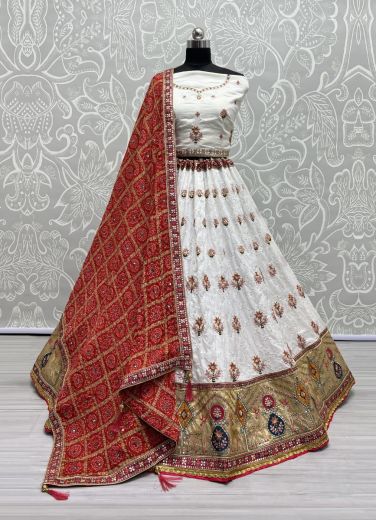 White Gadwal Silk Handwork Bandhani-Dupatta Lehenga Choli For Traditional / Religious Occasions