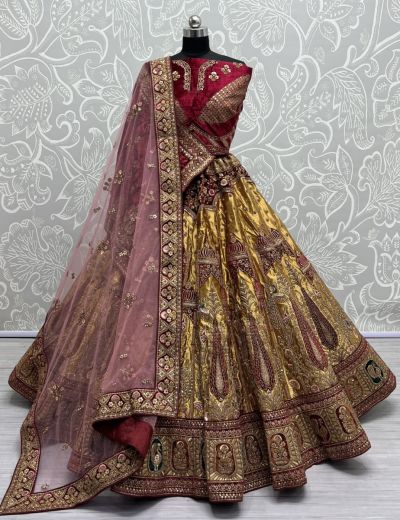 Golden Brocade Silk Handwork Wedding-Wear Bridal Lehenga Choli With Double Dupatta