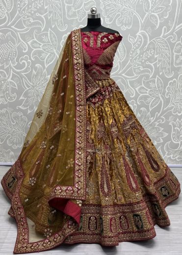 Golden Velvet Handwork Wedding-Wear Bridal Lehenga Choli With Double Dupatta