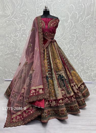 Multicolor Velvet Handwork Wedding-Wear Bridal Lehenga Choli [With Double Dupatta]