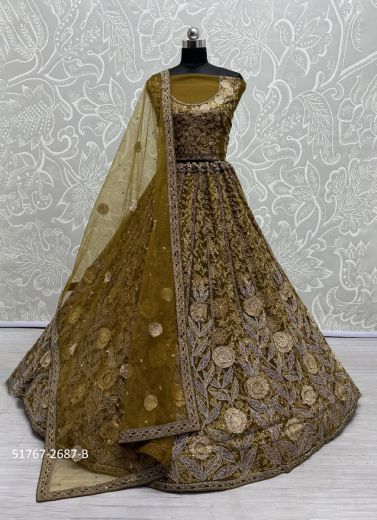 Dark Golden Brown Heavy Net Handwork Wedding-Wear Bridal Lehenga Choli