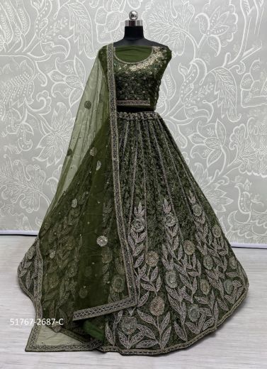 Dark Olive Green Heavy Net Handwork Wedding-Wear Bridal Lehenga Choli