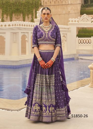 Indigo Blue Silk Digitally Printed Wedding-Wear Bridal Readymade Lehenga choli