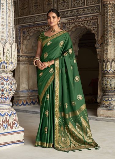 Dark Green Satin Silk Woven Saree For Traditional / Religious Occasions