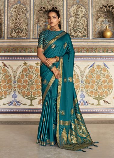 Sea Blue Satin Silk Woven Saree For Traditional / Religious Occasions
